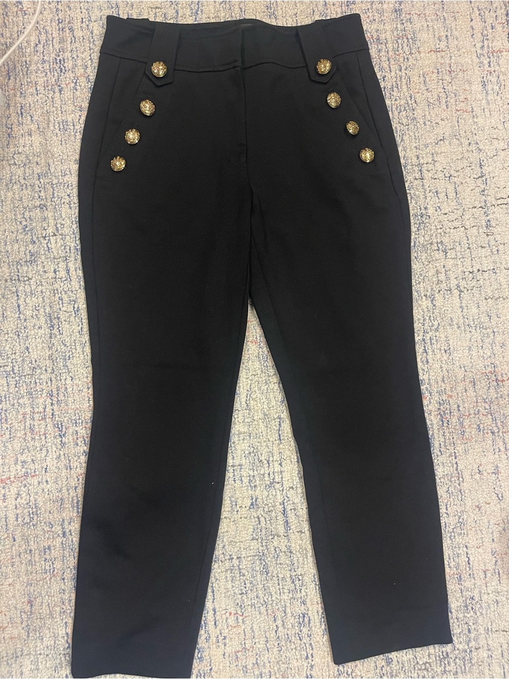 Womens Black Stretch Ponte Pants with Gold Buttons